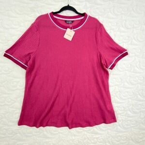 Bloomchic Tee Pink Waffle Knit Short Sleeve Top Contrast Piping Plus 18-20
